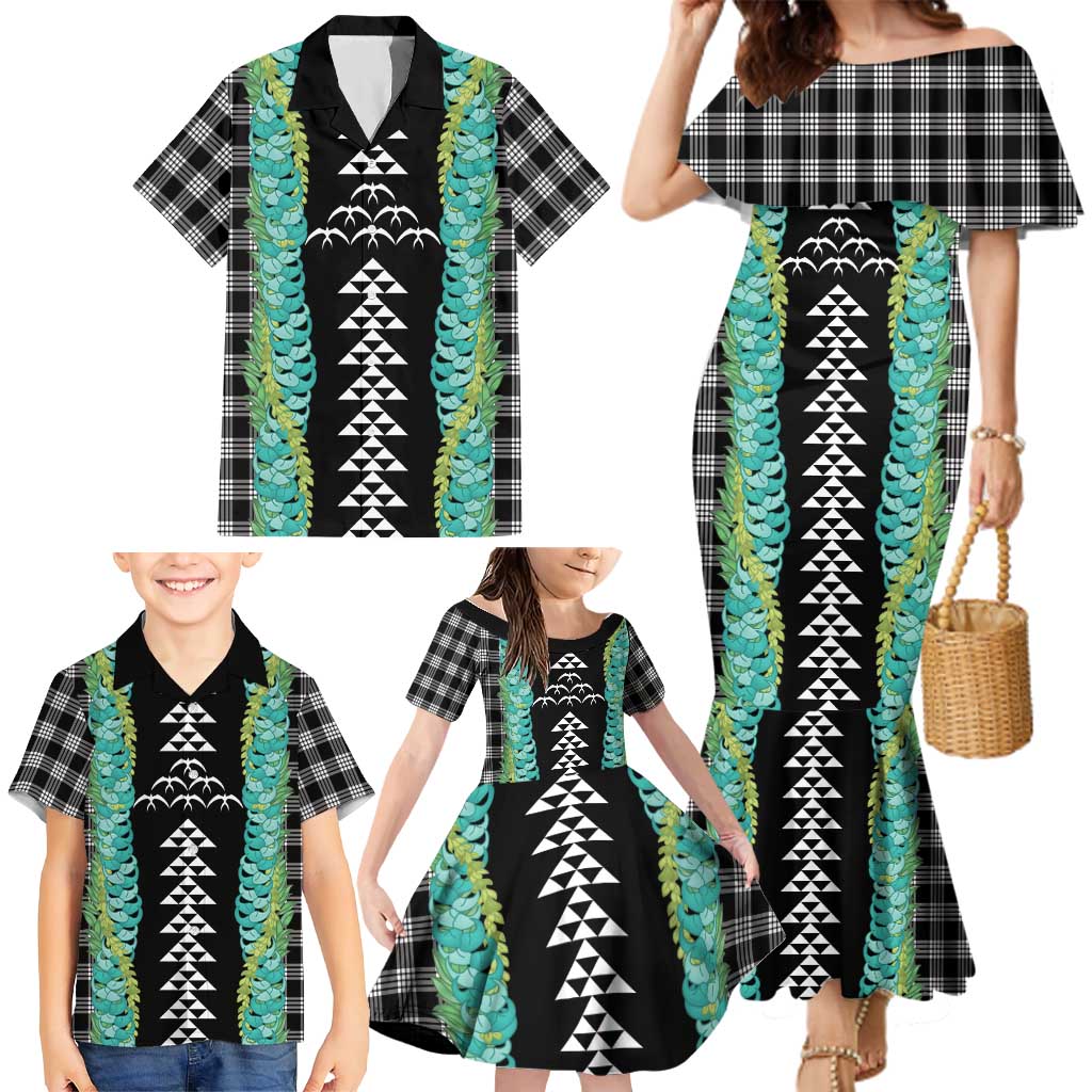 Black Palaka Hawaii Iwa Bird Family Matching Mermaid Dress and Hawaiian Shirt Hawaiian Kakau Jade Vine Lei - Polynesian Pride