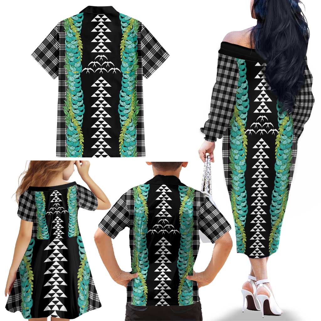 Black Palaka Hawaii Iwa Bird Family Matching Off The Shoulder Long Sleeve Dress and Hawaiian Shirt Hawaiian Kakau Jade Vine Lei LT14 - Polynesian Pride