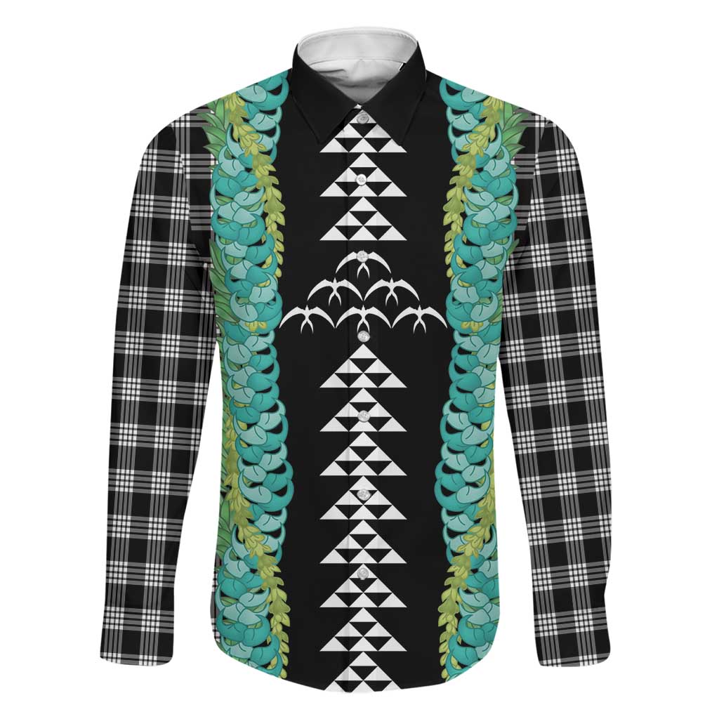 Black Palaka Hawaii Iwa Bird Family Matching Off The Shoulder Long Sleeve Dress and Hawaiian Shirt Hawaiian Kakau Jade Vine Lei LT14 Dad's Shirt - Long Sleeve Black - Polynesian Pride