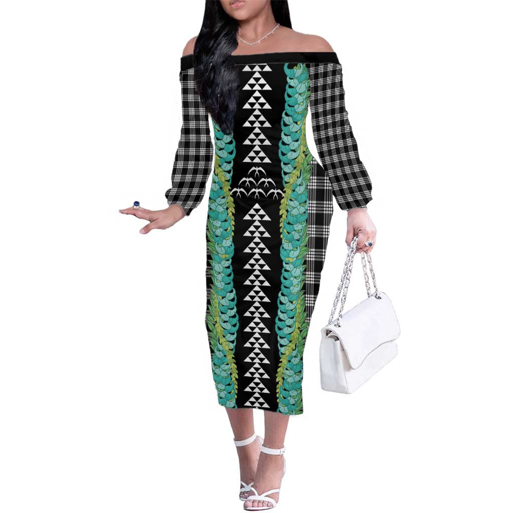 Black Palaka Hawaii Iwa Bird Family Matching Off The Shoulder Long Sleeve Dress and Hawaiian Shirt Hawaiian Kakau Jade Vine Lei LT14 Mom's Dress Black - Polynesian Pride
