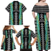 Black Palaka Hawaii Iwa Bird Family Matching Off Shoulder Maxi Dress and Hawaiian Shirt Hawaiian Kakau Jade Vine Lei LT14 - Polynesian Pride