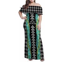 Black Palaka Hawaii Iwa Bird Family Matching Off Shoulder Maxi Dress and Hawaiian Shirt Hawaiian Kakau Jade Vine Lei LT14 Mom's Dress Black - Polynesian Pride