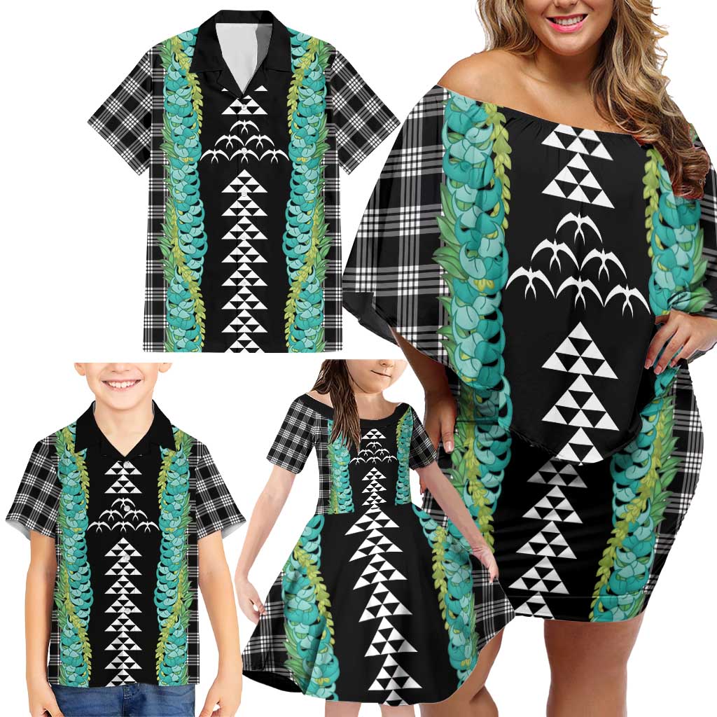 Black Palaka Hawaii Iwa Bird Family Matching Off Shoulder Short Dress and Hawaiian Shirt Hawaiian Kakau Jade Vine Lei LT14 - Polynesian Pride