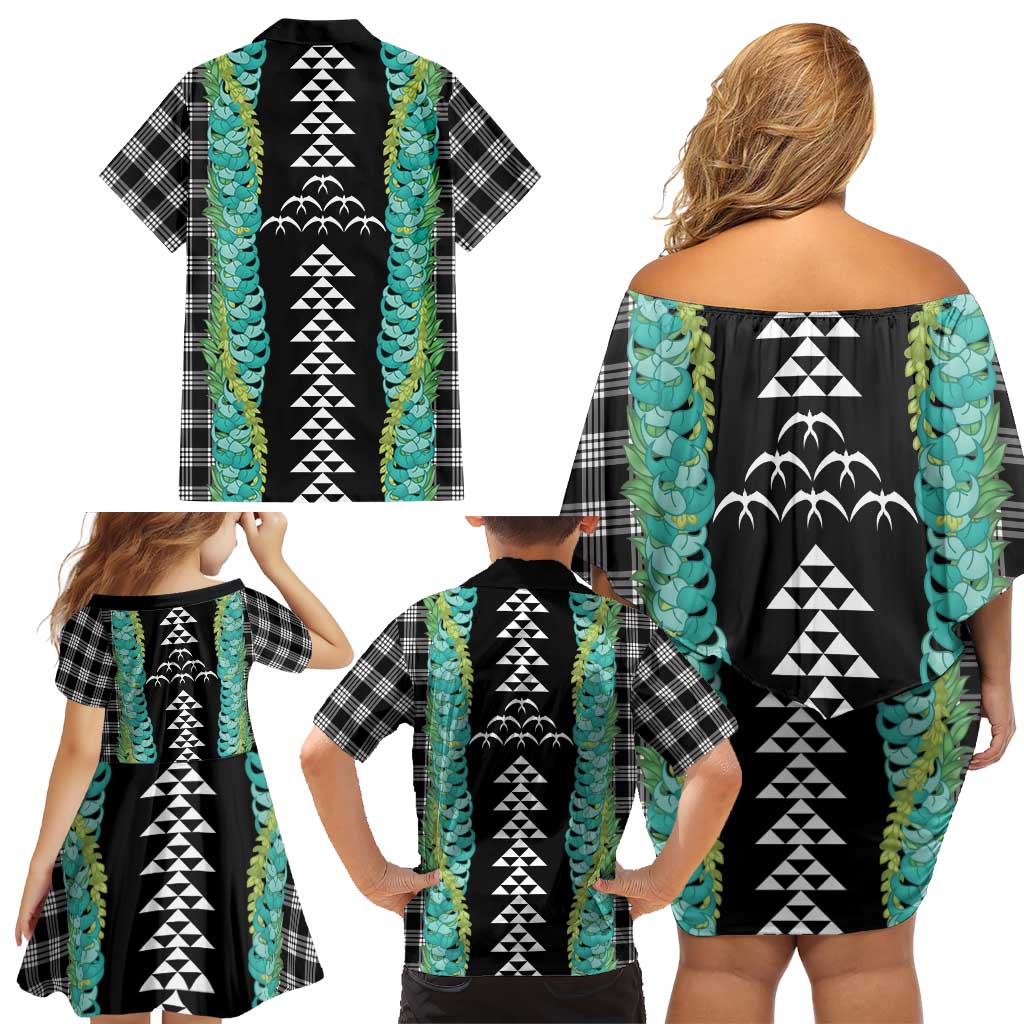 Black Palaka Hawaii Iwa Bird Family Matching Off Shoulder Short Dress and Hawaiian Shirt Hawaiian Kakau Jade Vine Lei LT14 - Polynesian Pride