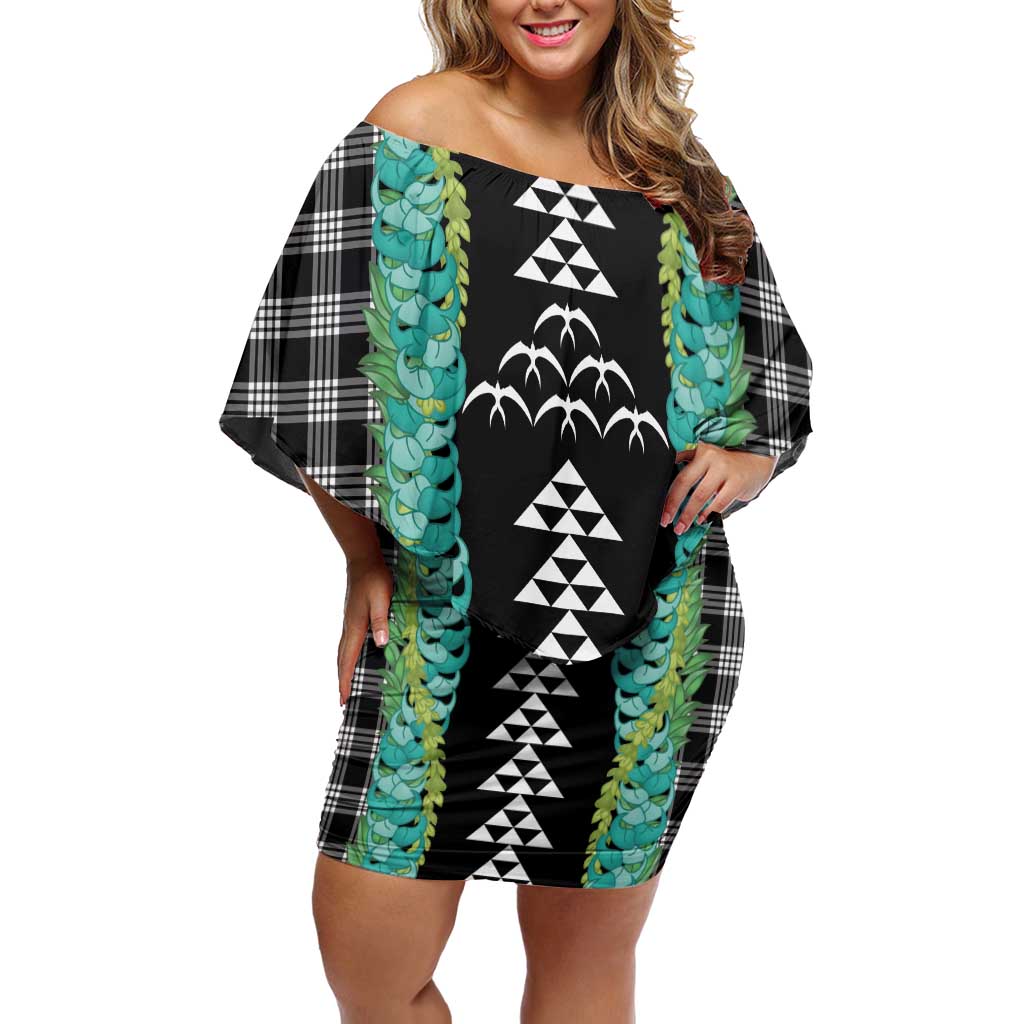 Black Palaka Hawaii Iwa Bird Family Matching Off Shoulder Short Dress and Hawaiian Shirt Hawaiian Kakau Jade Vine Lei LT14 Mom's Dress Black - Polynesian Pride