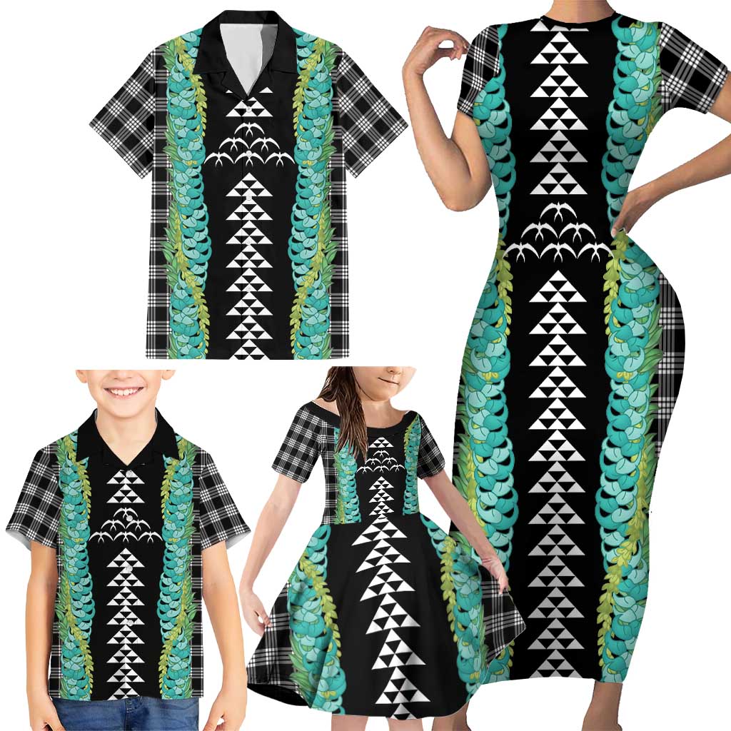 Black Palaka Hawaii Iwa Bird Family Matching Short Sleeve Bodycon Dress and Hawaiian Shirt Hawaiian Kakau Jade Vine Lei - Polynesian Pride