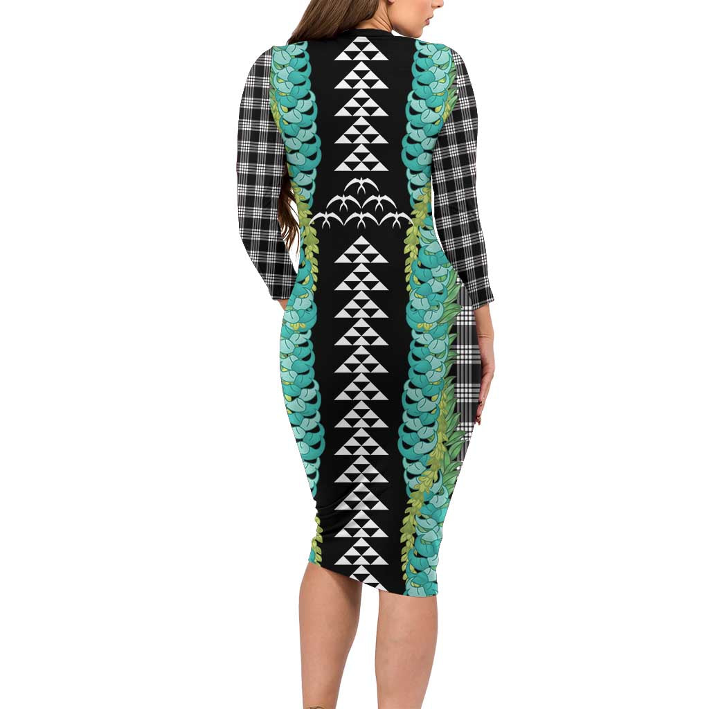 Black Palaka Hawaii Iwa Bird Long Sleeve Bodycon Dress Hawaiian Kakau Jade Vine Lei - Polynesian Pride