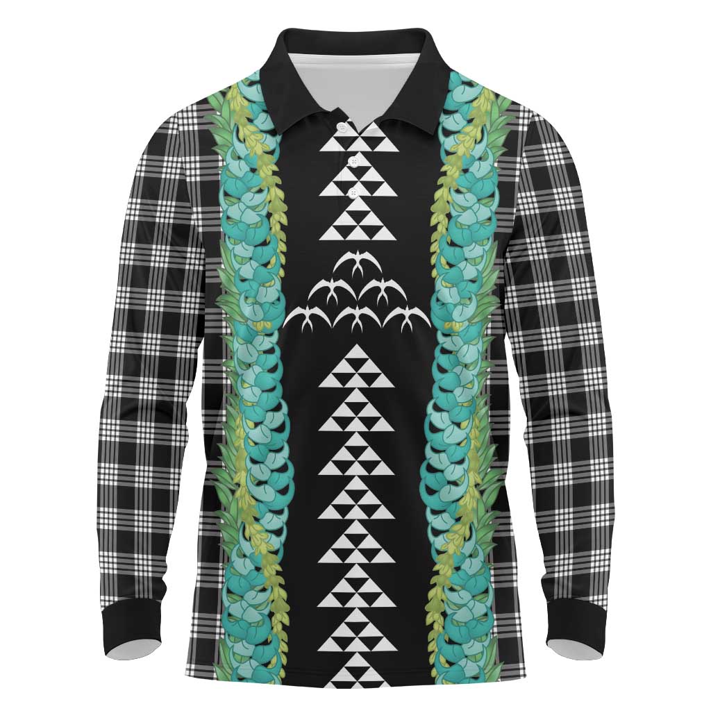 Black Palaka Hawaii Iwa Bird Long Sleeve Polo Shirt Hawaiian Kakau Jade Vine Lei LT14 Black - Polynesian Pride