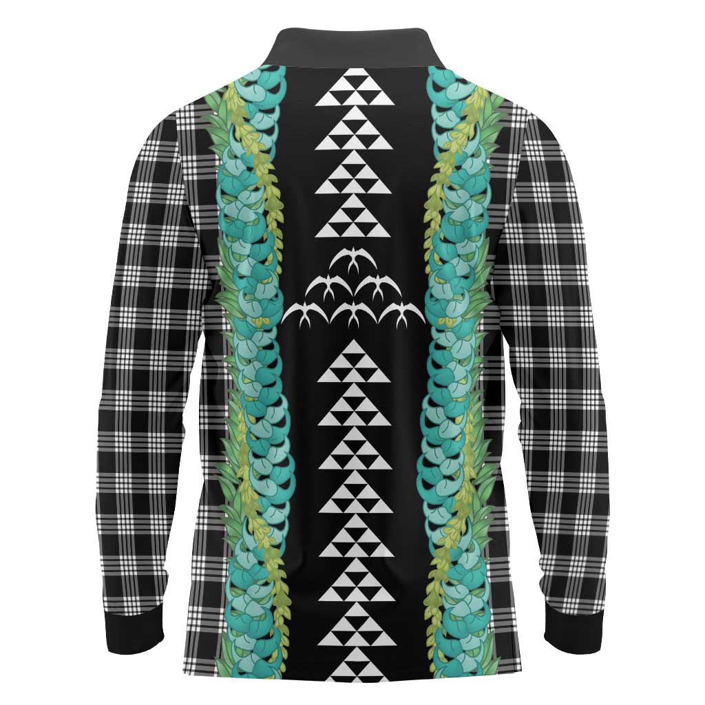 Black Palaka Hawaii Iwa Bird Long Sleeve Polo Shirt Hawaiian Kakau Jade Vine Lei LT14 - Polynesian Pride