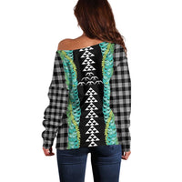 Black Palaka Hawaii Iwa Bird Off Shoulder Sweater Hawaiian Kakau Jade Vine Lei - Polynesian Pride