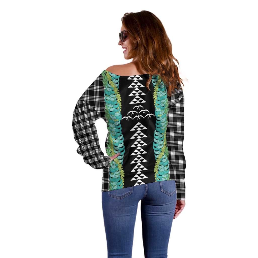 Black Palaka Hawaii Iwa Bird Off Shoulder Sweater Hawaiian Kakau Jade Vine Lei - Polynesian Pride