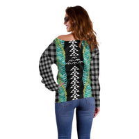 Black Palaka Hawaii Iwa Bird Off Shoulder Sweater Hawaiian Kakau Jade Vine Lei - Polynesian Pride