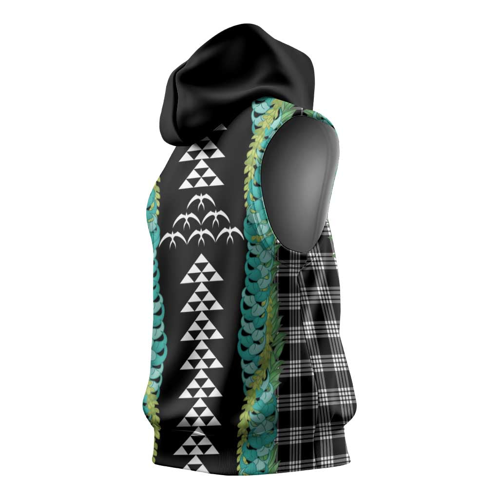 Black Palaka Hawaii Iwa Bird Sleeveless Hoodie Hawaiian Kakau Jade Vine Lei - Polynesian Pride