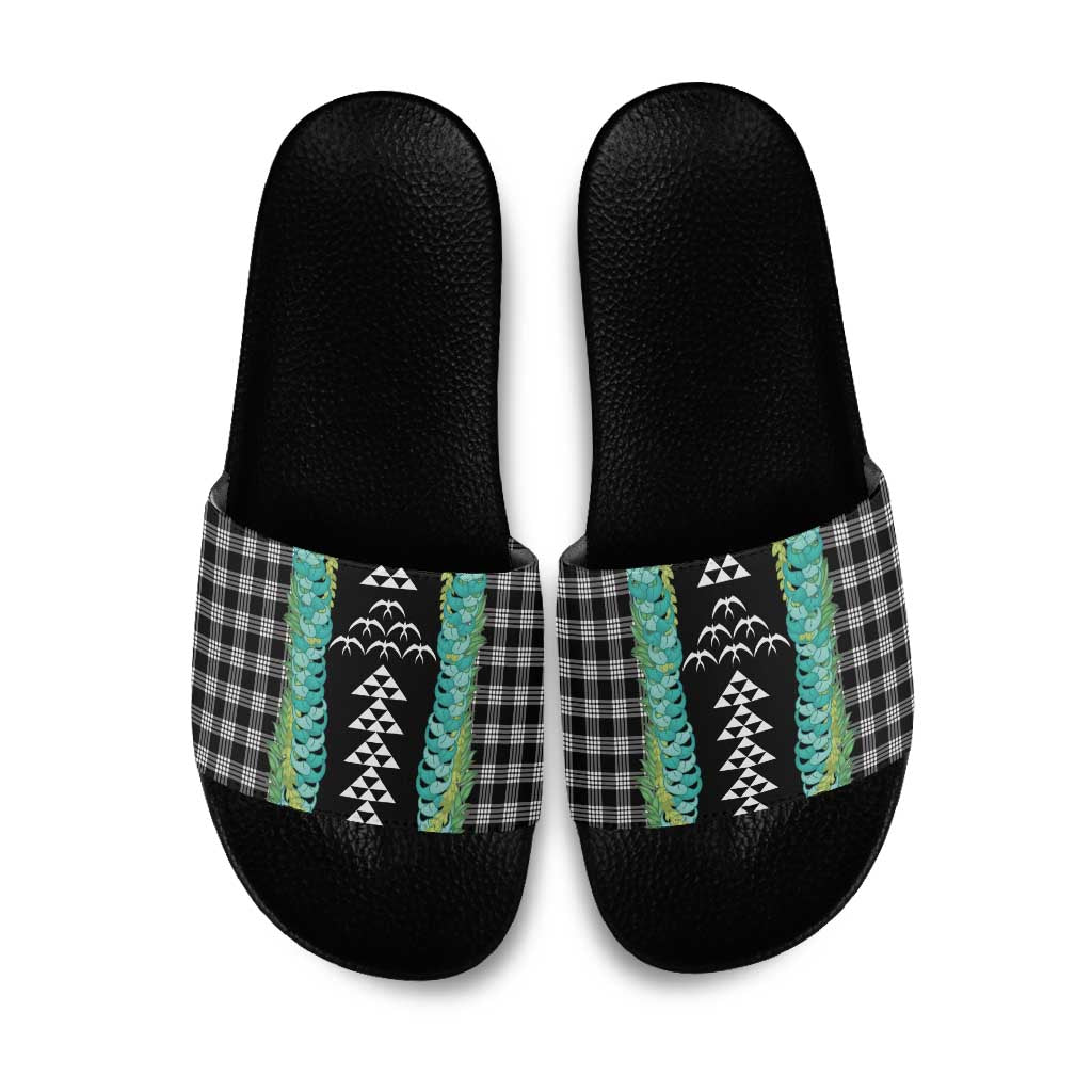 Black Palaka Hawaii Iwa Bird Slide Sandals Hawaiian Kakau Jade Vine Lei - Polynesian Pride