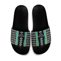 Black Palaka Hawaii Iwa Bird Slide Sandals Hawaiian Kakau Jade Vine Lei - Polynesian Pride