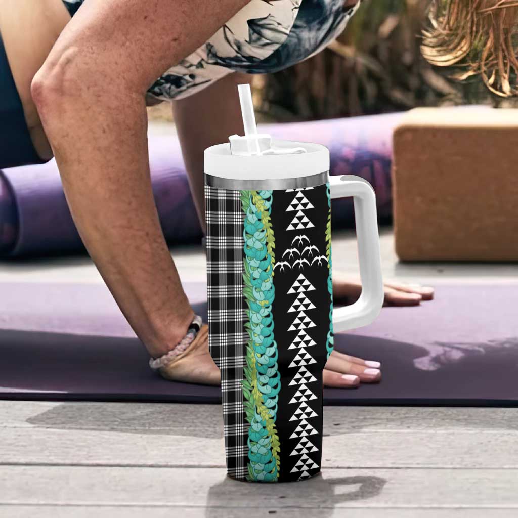 Black Palaka Hawaii Iwa Bird Tumbler With Handle Hawaiian Kakau Jade Vine Lei - Polynesian Pride