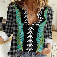 Black Palaka Hawaii Iwa Bird Women Casual Shirt Hawaiian Kakau Jade Vine Lei LT14 Female Black - Polynesian Pride