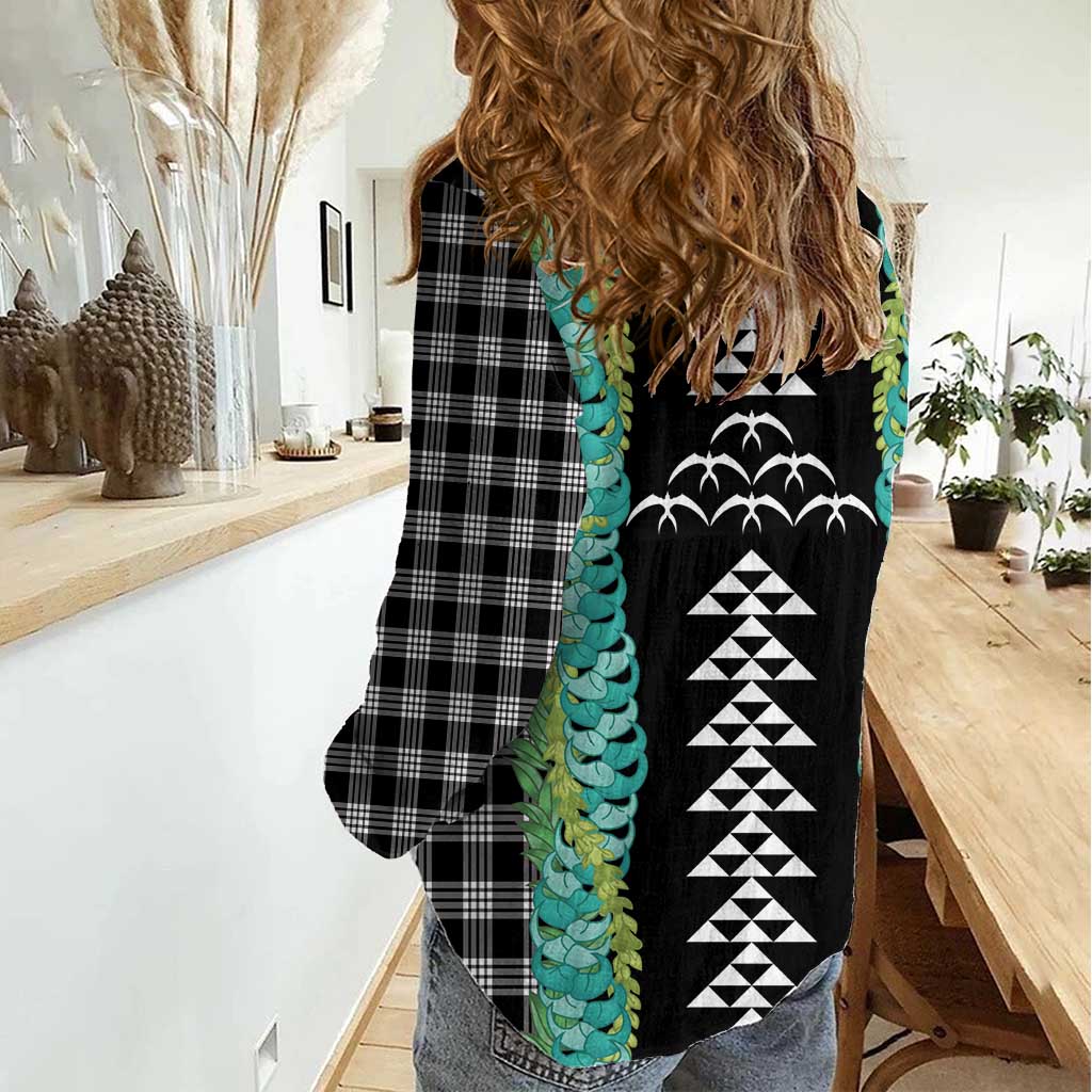 Black Palaka Hawaii Iwa Bird Women Casual Shirt Hawaiian Kakau Jade Vine Lei LT14 - Polynesian Pride
