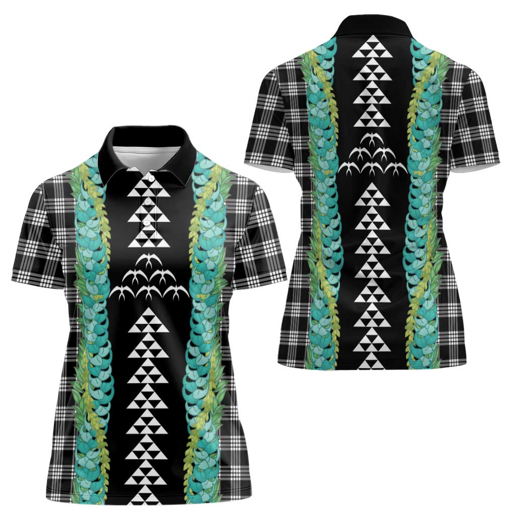 Black Palaka Hawaii Iwa Bird Women Polo Shirt Hawaiian Kakau Jade Vine Lei - Polynesian Pride