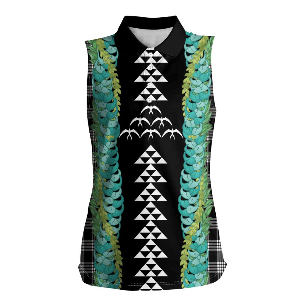Black Palaka Hawaii Iwa Bird Women Sleeveless Polo Shirt Hawaiian Kakau Jade Vine Lei LT14 Female Black - Polynesian Pride