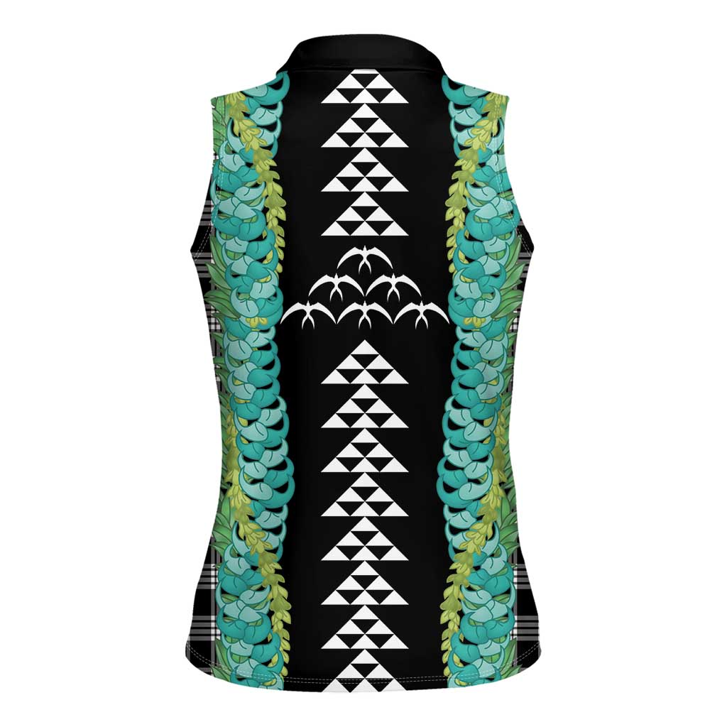Black Palaka Hawaii Iwa Bird Women Sleeveless Polo Shirt Hawaiian Kakau Jade Vine Lei LT14 - Polynesian Pride