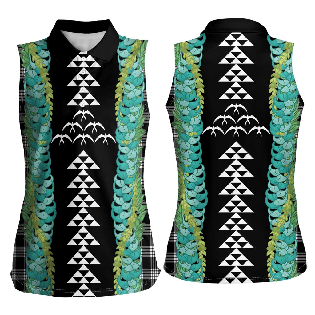 Black Palaka Hawaii Iwa Bird Women Sleeveless Polo Shirt Hawaiian Kakau Jade Vine Lei LT14 - Polynesian Pride