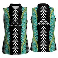 Black Palaka Hawaii Iwa Bird Women Sleeveless Polo Shirt Hawaiian Kakau Jade Vine Lei LT14 - Polynesian Pride