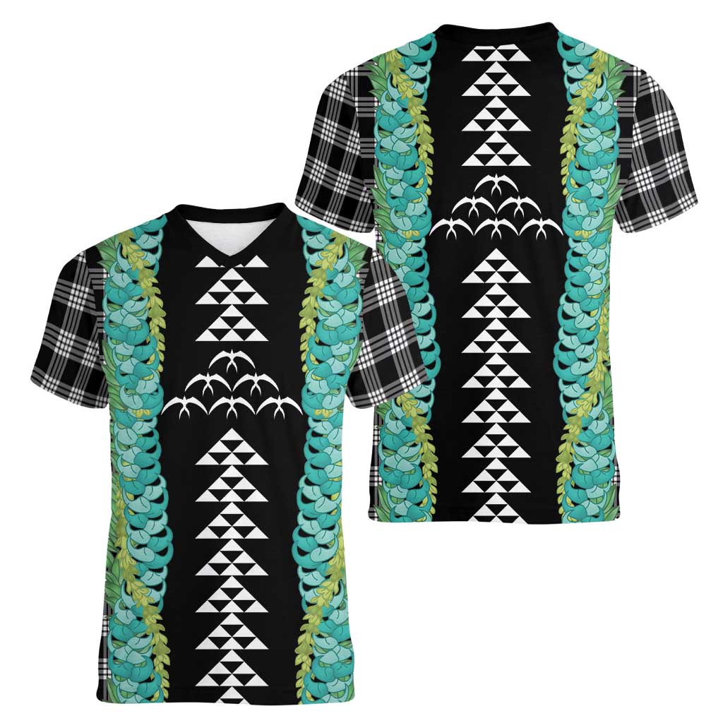 Black Palaka Hawaii Iwa Bird Women V-Neck T-Shirt Hawaiian Kakau Jade Vine Lei LT14 - Polynesian Pride