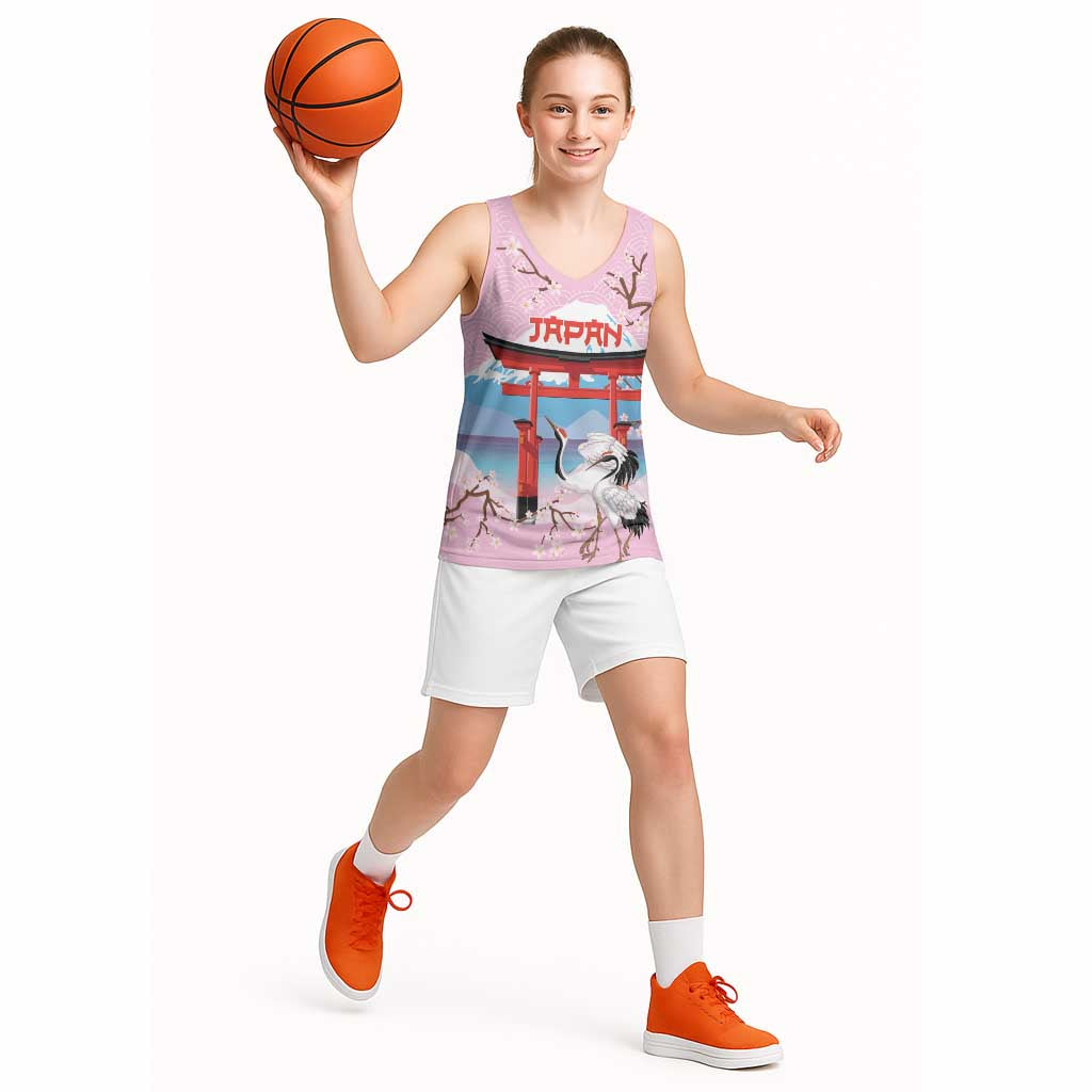 Japanese Torii Gate Cranes Personalised Basketball Jersey Fuji Mount Sakura Seigaiha Pattern