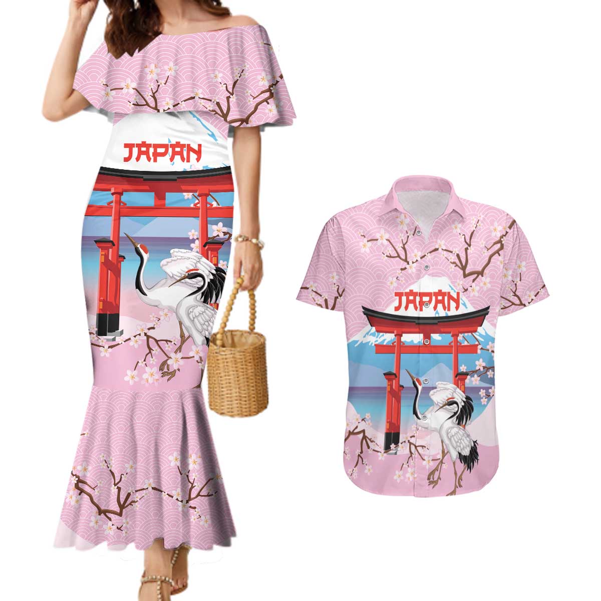 Japanese Torii Gate Cranes Personalised Couples Matching Mermaid Dress and Hawaiian Shirt Fuji Mount Sakura Seigaiha Pattern