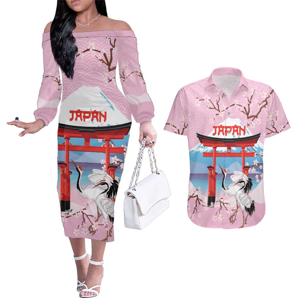 Japanese Torii Gate Cranes Personalised Couples Matching Off The Shoulder Long Sleeve Dress and Hawaiian Shirt Fuji Mount Sakura Seigaiha Pattern