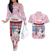 Japanese Torii Gate Cranes Personalised Couples Matching Off The Shoulder Long Sleeve Dress and Hawaiian Shirt Fuji Mount Sakura Seigaiha Pattern