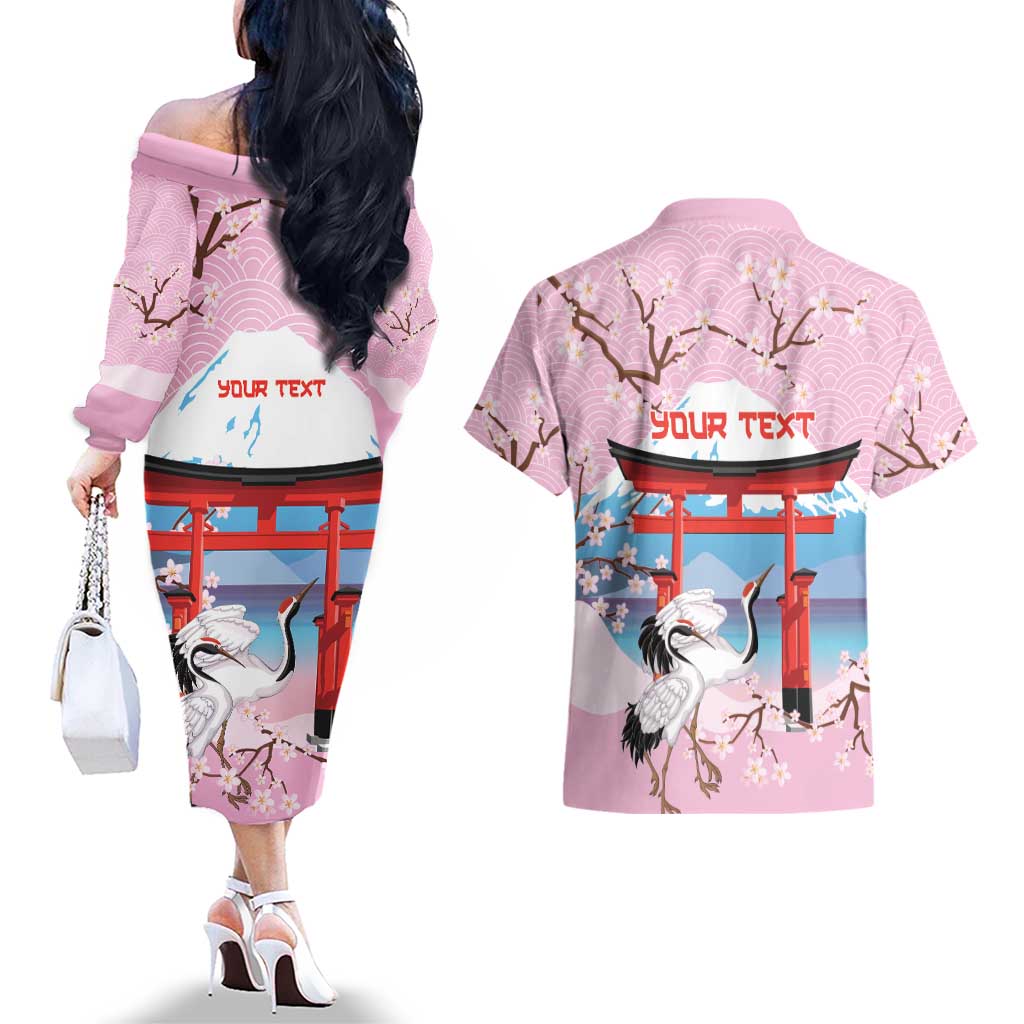 Japanese Torii Gate Cranes Personalised Couples Matching Off The Shoulder Long Sleeve Dress and Hawaiian Shirt Fuji Mount Sakura Seigaiha Pattern