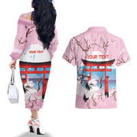 Japanese Torii Gate Cranes Personalised Couples Matching Off The Shoulder Long Sleeve Dress and Hawaiian Shirt Fuji Mount Sakura Seigaiha Pattern
