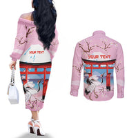 Japanese Torii Gate Cranes Personalised Couples Matching Off The Shoulder Long Sleeve Dress and Long Sleeve Button Shirt Fuji Mount Sakura Seigaiha Pattern