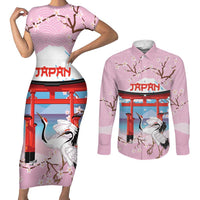 Japanese Torii Gate Cranes Personalised Couples Matching Short Sleeve Bodycon Dress and Long Sleeve Button Shirt Fuji Mount Sakura Seigaiha Pattern