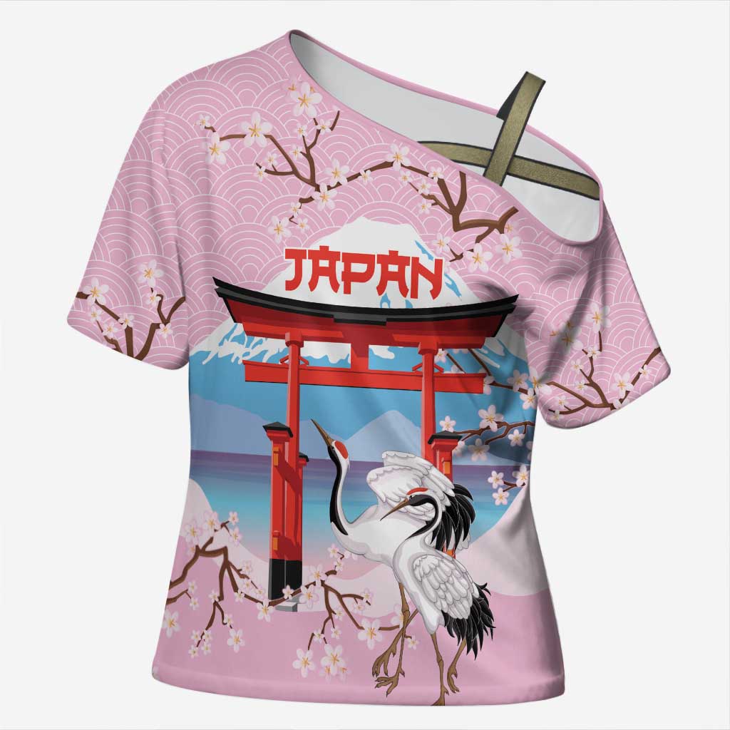 Japanese Torii Gate Cranes Personalised Cross Shoulder Shirt Fuji Mount Sakura Seigaiha Pattern