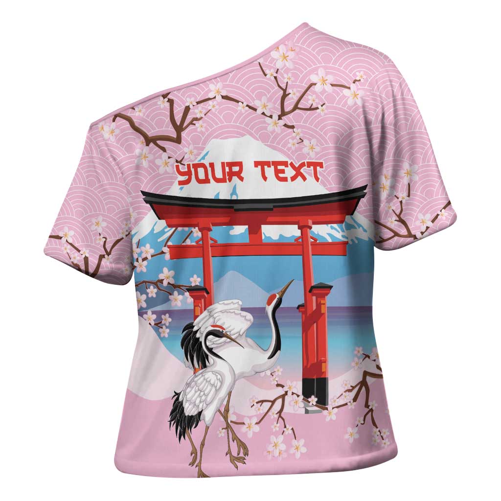 Japanese Torii Gate Cranes Personalised Cross Shoulder Shirt Fuji Mount Sakura Seigaiha Pattern