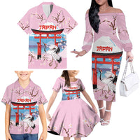 Japanese Torii Gate Cranes Personalised Family Matching Off The Shoulder Long Sleeve Dress and Hawaiian Shirt Fuji Mount Sakura Seigaiha Pattern LT14 - Polynesian Pride