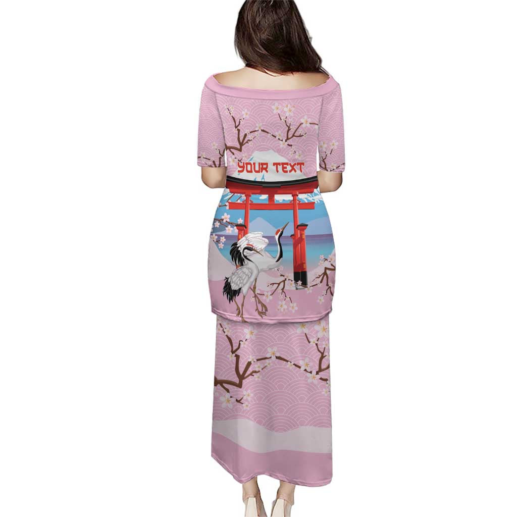 Japanese Torii Gate Cranes Personalised Family Matching Puletasi and Hawaiian Shirt Fuji Mount Sakura Seigaiha Pattern