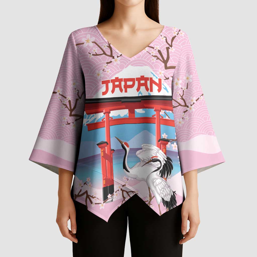 Japanese Torii Gate Cranes Personalised Kimono Sleeve Blouse Fuji Mount Sakura Seigaiha Pattern