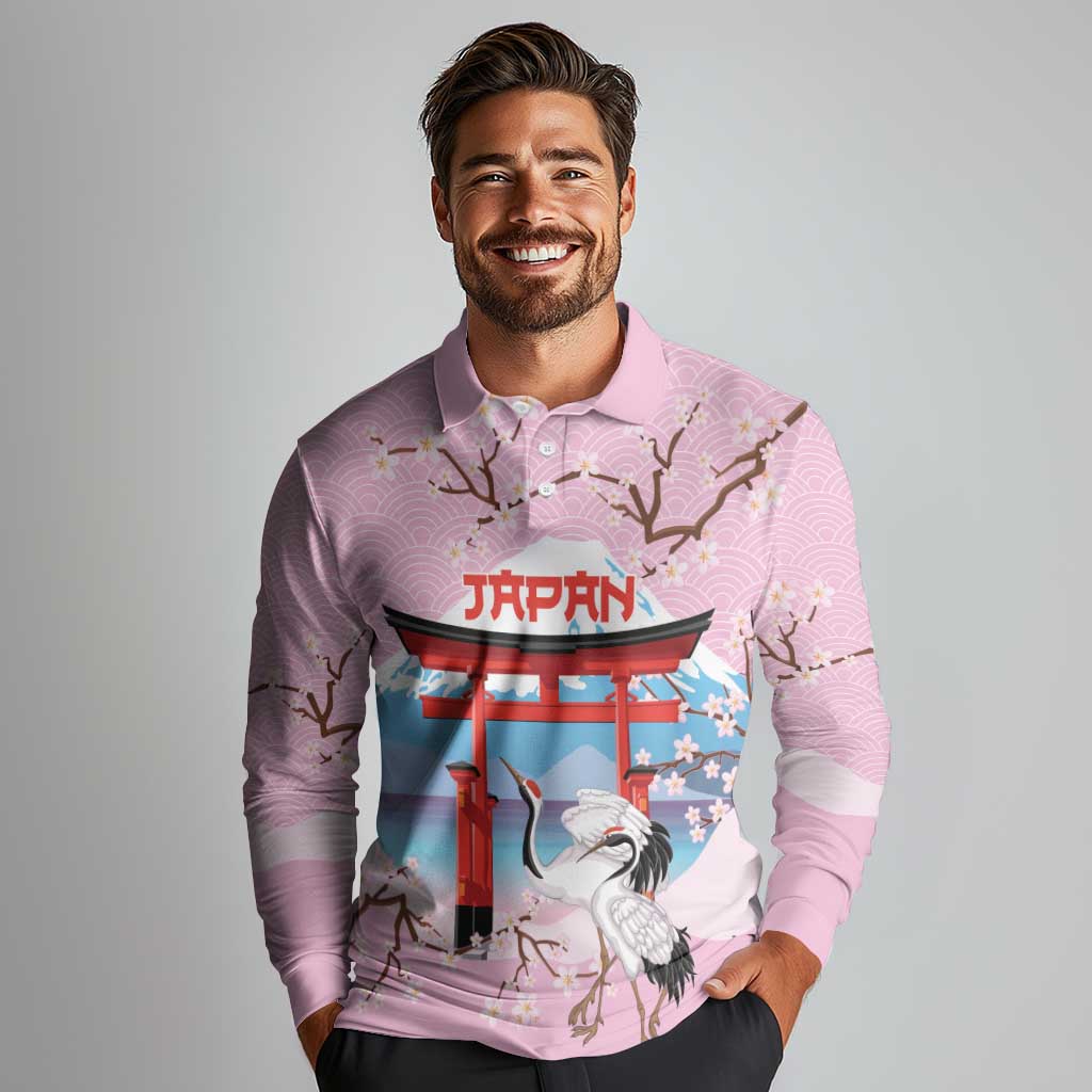 Japanese Torii Gate Cranes Personalised Long Sleeve Polo Shirt Fuji Mount Sakura Seigaiha Pattern
