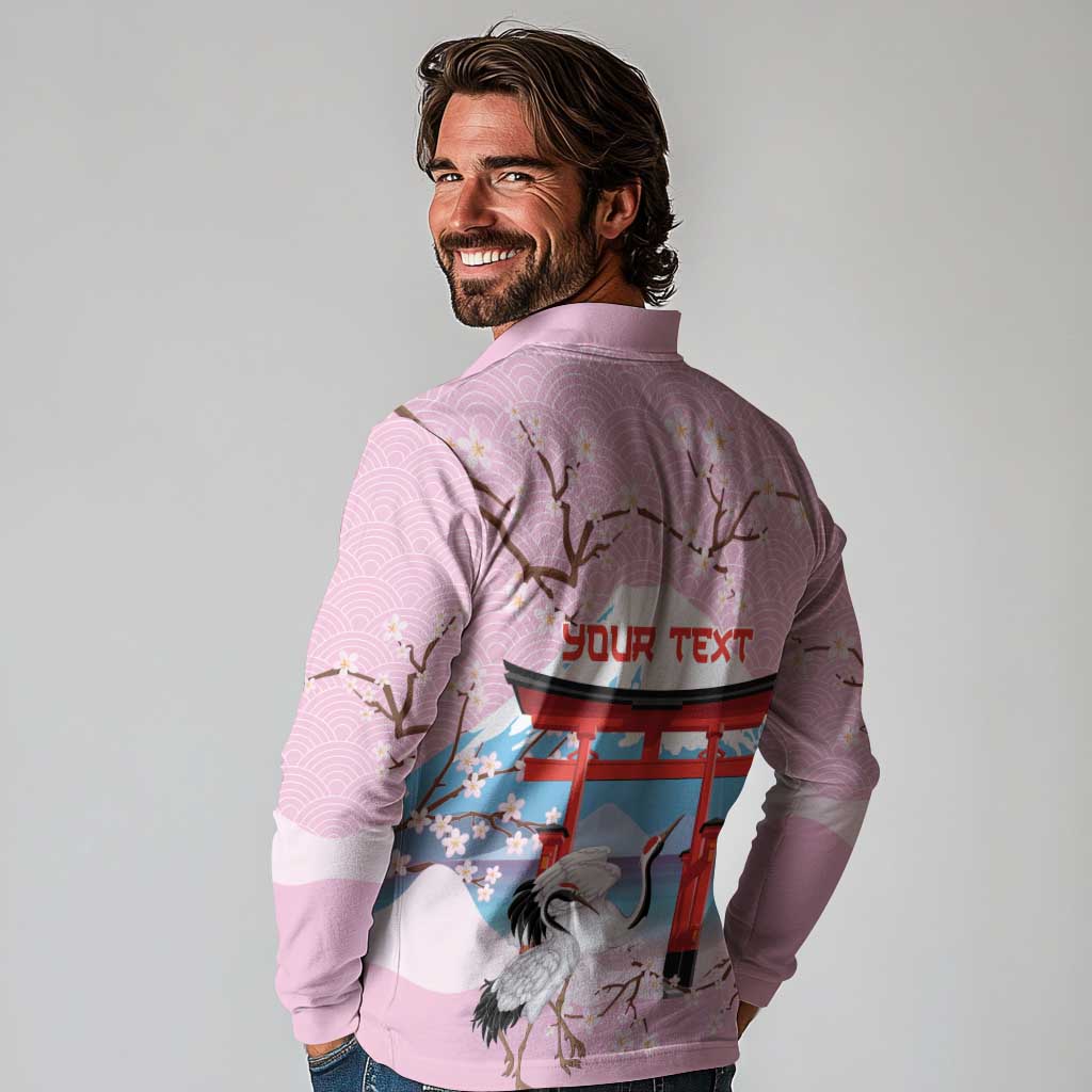 Japanese Torii Gate Cranes Personalised Long Sleeve Polo Shirt Fuji Mount Sakura Seigaiha Pattern