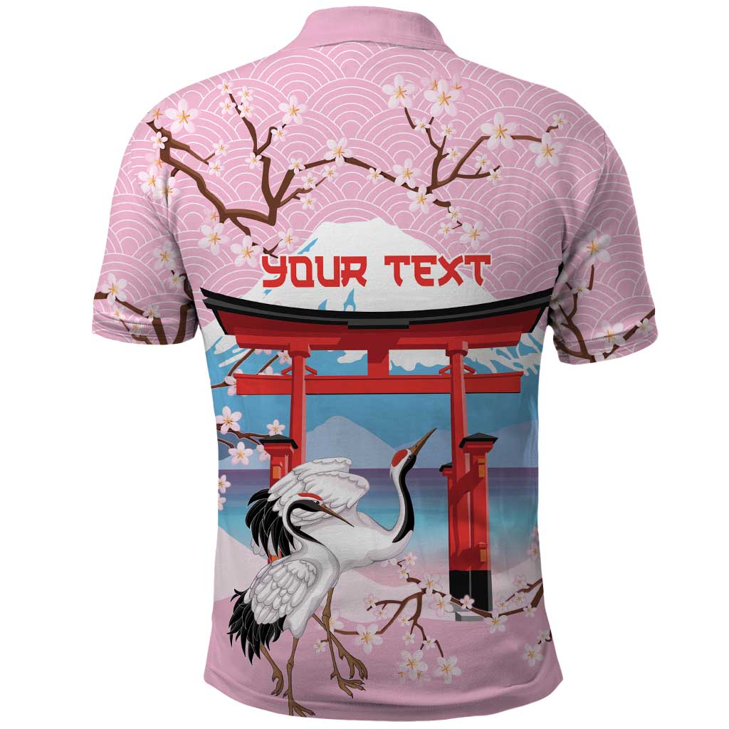 Japanese Torii Gate Cranes Personalised Polo Shirt Fuji Mount Sakura Seigaiha Pattern