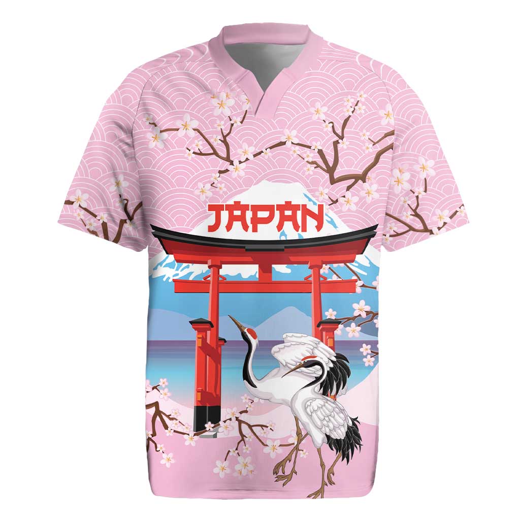 Japanese Torii Gate Cranes Personalised Rugby Jersey Fuji Mount Sakura Seigaiha Pattern