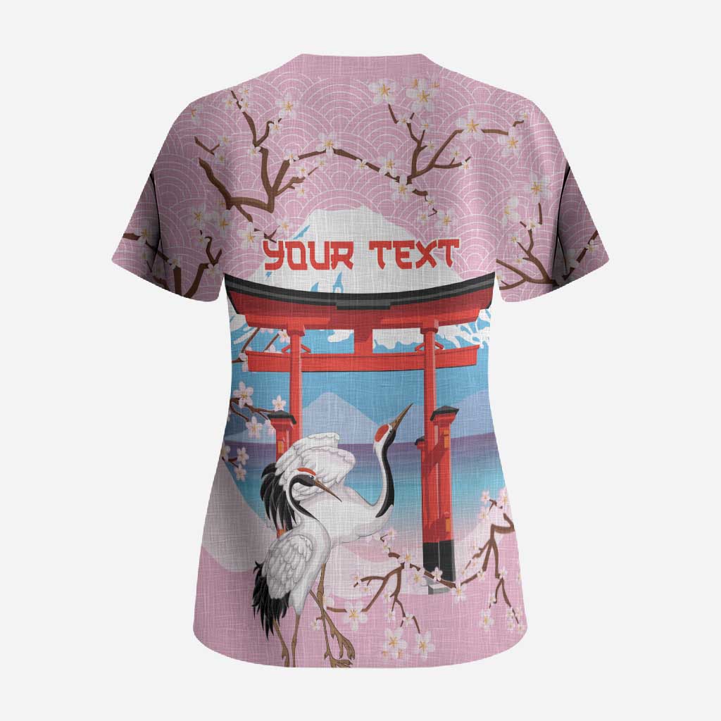 Japanese Torii Gate Cranes Personalised Scrub Top Fuji Mount Sakura Seigaiha Pattern