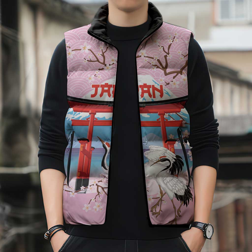 Japanese Torii Gate Cranes Personalised Sleeveless Puffer Jacket Fuji Mount Sakura Seigaiha Pattern