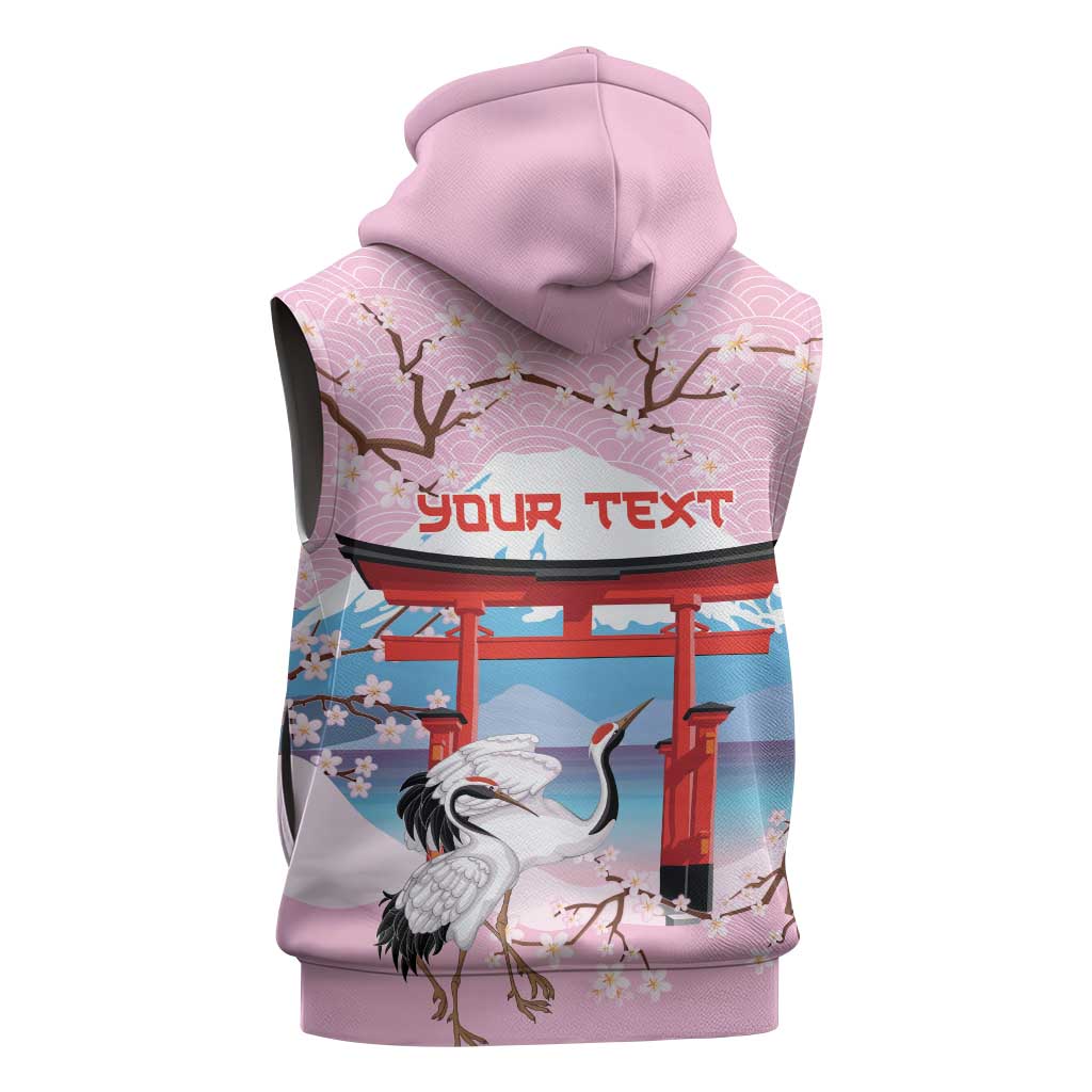 Japanese Torii Gate Cranes Personalised Sleeveless Zip Hoodie Fuji Mount Sakura Seigaiha Pattern