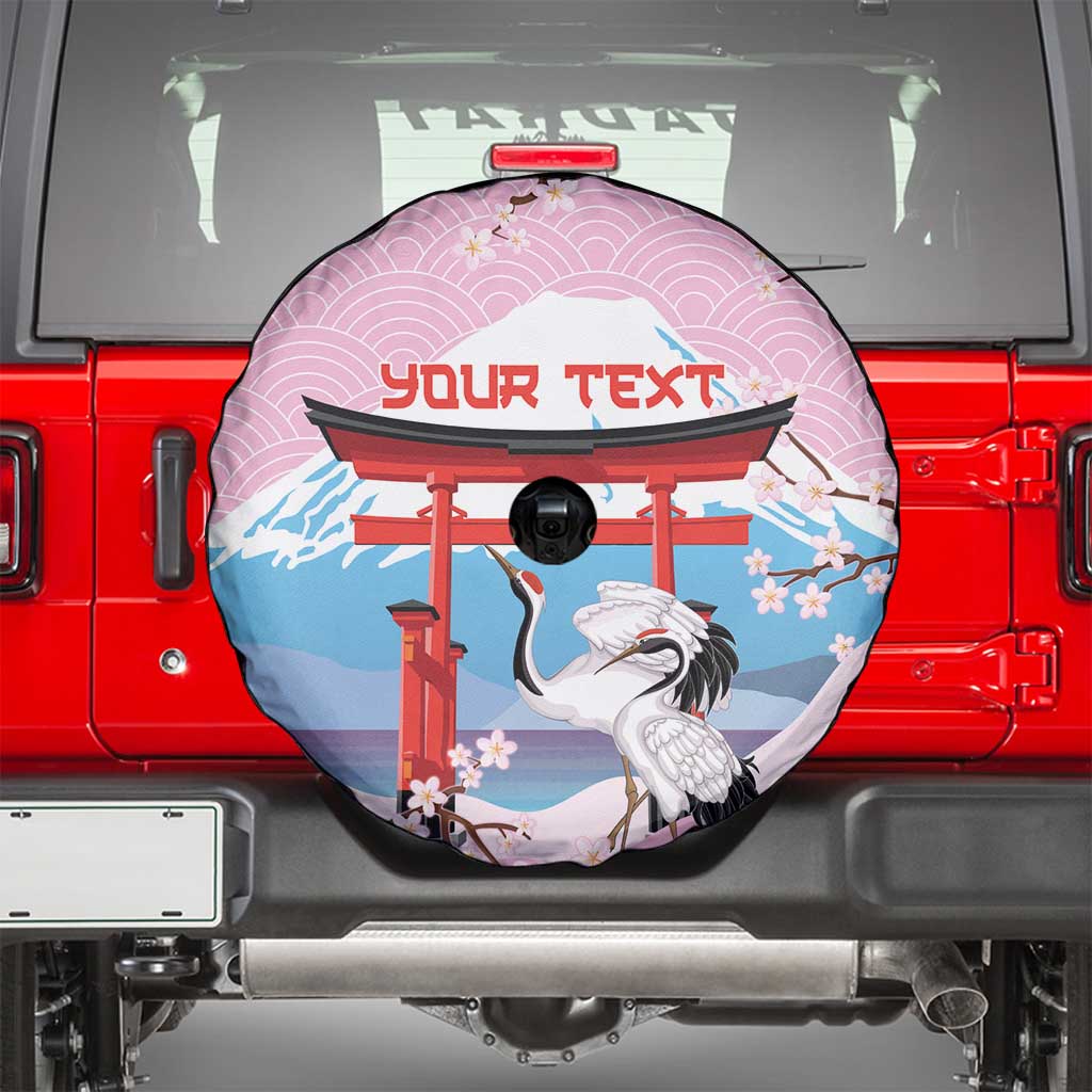 Japanese Torii Gate Cranes Personalised Spare Tire Cover Fuji Mount Sakura Seigaiha Pattern