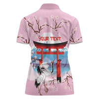 Japanese Torii Gate Cranes Personalised Women Polo Shirt Fuji Mount Sakura Seigaiha Pattern